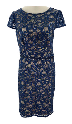 #ad #ad Jackie Jon New York Navy Blue Lace Sequin Beaded Cocktail Dress Size 4 $18.99