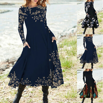 #ad Plus Size Women Boho Floral Long Sleeve Swing Dress Casual Loose Long Maxi Dress $25.17