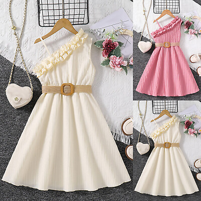 #ad Children Dress Spring Summer Strap Ruffles Solid Color Princess Girls Casual $21.85