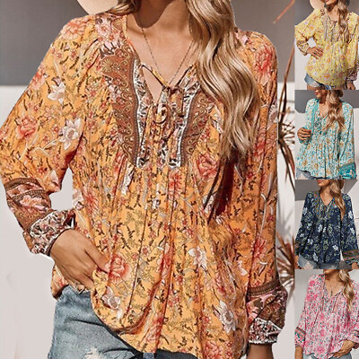 Womens Floral Boho Tunic Tops Shirt Long Sleeve Casual Loose Blouse Plus Size US $16.18