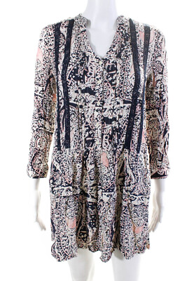 #ad Tiny Petites Womens Abstract Print Long Sleeve Button Up Dress Navy Size XSP $41.49