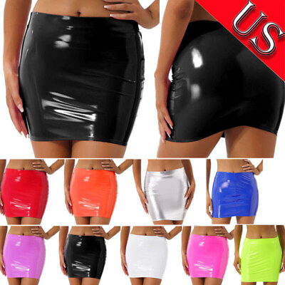 US Women High Waist Latex Bodycon Mini Pencil Skirts Glossy Tight Skirt Clubwear $11.67