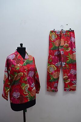 #ad Red Fruit Print Cotton Night ShutBody Crossover Bridesmaid Cotton Pajama Set $32.08