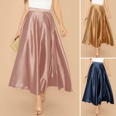 #ad Ladies Satin Maxi Skirt Women A Line Dress High Waist Pleated Party Clubwear New $15.04