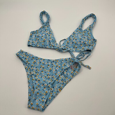 #ad Romwe Womens Bikini Medium Blue Daisy Florals String Top Casual Swimwear Beach $13.99