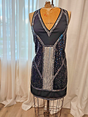 #ad Express Sequin Black amp; Silver Mini Sleeveless V neck dress sz S FREE SHIPPING $35.00