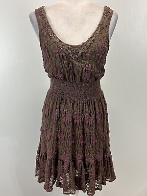 #ad Free People Brown Lace Dress Sz Medium Sleeveless Beaded Includes Slip $25.00