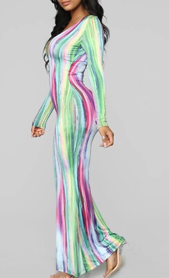 #ad NWT Fashion Nova Women#x27;s Maxi Multi Color Striped Bodycon Dress Sz Large $24.99