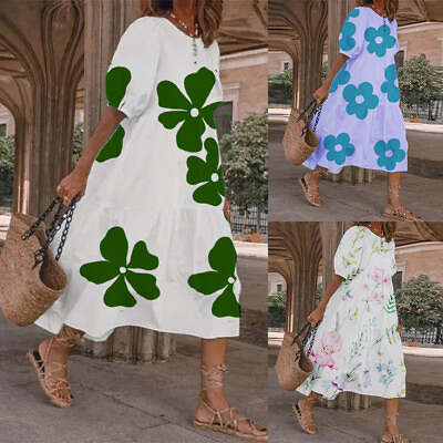 #ad Plus Size Womens Floral Midi Dress Summer Holiday Beach Baggy Kaftan Sundress US $22.29