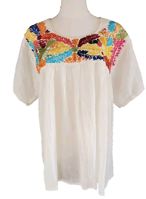 #ad Gauze Mexican Artisan Hand Embroidered Floral Top Lightweight Boho Blouse XL $45.00