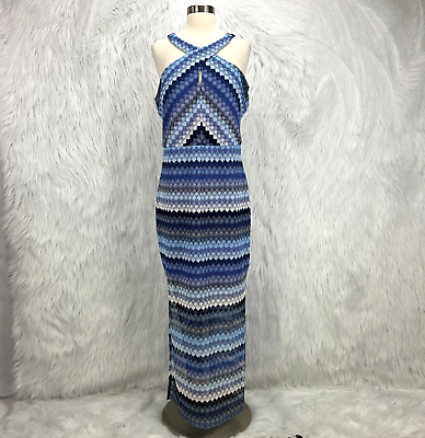 #ad Guess NWT Womens Sz 14 Blue Striped Crochet Halter Maxi Dress Slit Lined Boho $34.99