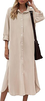 #ad Sopliagon Women Cotton and Linen Shirt Dress Casual Loose Maxi Dresses $51.65