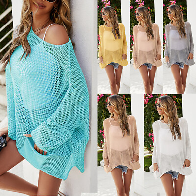 #ad Womens Summer Fishnet Crochet Mesh Bikini Cover Up Swimwear Bathing Beach Top $34.77
