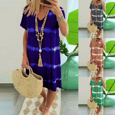 #ad Plus Size Womens V Neck Boho Midi Dress Summer Short Sleeve Baggy Loose Dress ☆ $15.02
