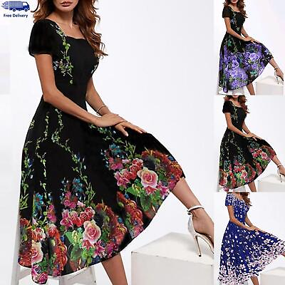 Women Summer Floral Midi Dress Ladies Cocktail Party Holiday Beach Swing Dresses $20.99