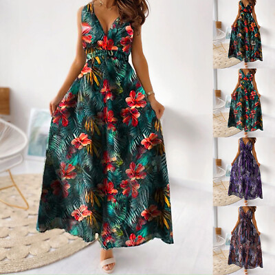 #ad US Womens Boho Floral V Neck Maxi Long Dress Summer Party Holiday Beach Sundress $19.70
