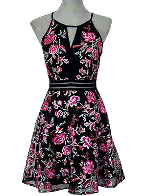 By amp; By Juniors Black Pink White Embroidered Mesh Floral Dress Size 9 $32.95