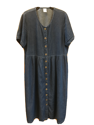 #ad BLAIR Women Denim Maxi Dress Button Down Cotton Short Sleeve XL Pockets $25.00