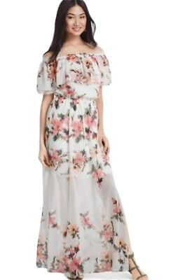 #ad WHBM Chiffon Maxi Dress XS Floral White Peach Pink Ruffle Off Shoulder Long $39.99