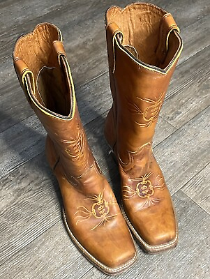 #ad VTG Brown Leather Sears Cowboy Boots Sz 8D 975 Made in USA Excellent Condition $74.49