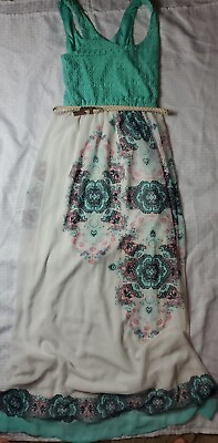 #ad Lily Rose Womens mint ivory Floral Round Neck Sleeveless Maxi Dress extra small $7.50
