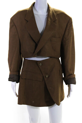 #ad Havre Studio Womens One Button Cropped Blazer Mini Skirt Suit Set Brown Size 46 $166.81