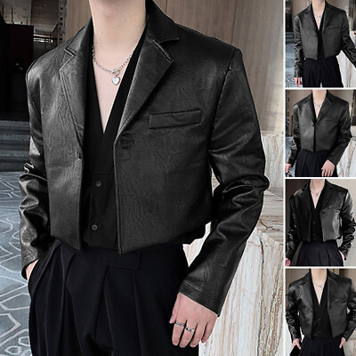 #ad Men#x27;s Faux Leather Short Jacket Coat Lapel Neck Blazer Formal Party Dress Shirts $28.68