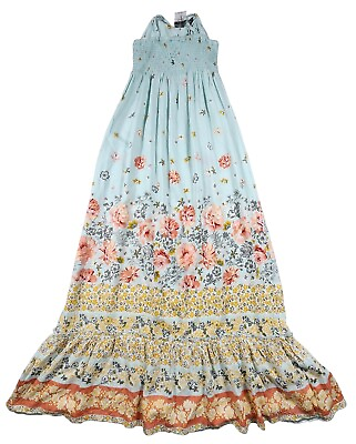 #ad Floral Print Tie Front Maxi Dress Cutout Flowy Womens Size XS Light Blue $15.38