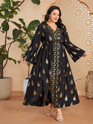 #ad Islamic Women Abaya Printed Muslim Plus Size Long Maxi Dresses Dubai Kaftan Gown $35.30