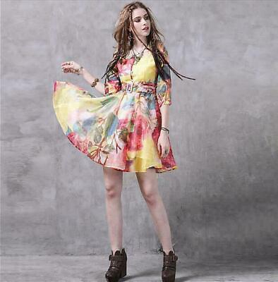Retro Womens Mid long Dress Floral Belted Slim Half Sleeve Button Summer Dresses $63.97