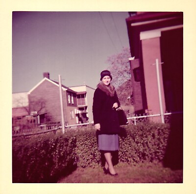 #ad Vtg Found Photo 1960Woman in Fur Trim Retro Coat amp; Hat Skirt Heels Poses Outside $6.25