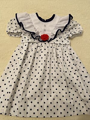 #ad SYLVIA WHYTE Girls White Dress Black Polka Dots And Trim Ruffle Red Rose Belt 4T $32.00