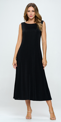 Solid BLACK Long Sleeveless A line Dress No Wrinkle Travel Fabric Jostar $32.00