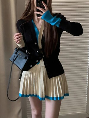 #ad Preppy Style Sweet 2 Piece Set Women Color Contrast Elegant Knitted Skirt Suit $42.19