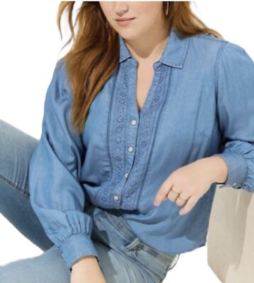 #ad Torrid Tencel Chambray Shirt Size 3X Long Sleeve Button Up Denim Plus Boho $24.99