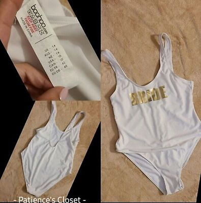 #ad Boohoo Size 10 White One Piece With Gold BRIDE swimsuit $15.00