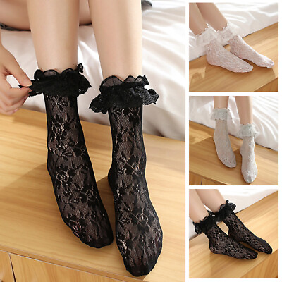 Women Girls Sheer Ankle Socks Bow Lace Ruffle frilly Princess Short Socks Fancy GBP 2.39
