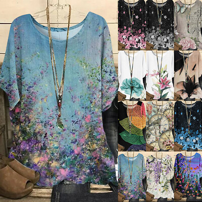 #ad Women#x27;s Boho Floral Short Sleeve Tunic Tops Ladies Casual Loose T Shirt Blouse $16.55