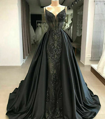 Mermaid Gothic Black Formal Dresses Evening Gown Party Prom Detachable Train $134.99