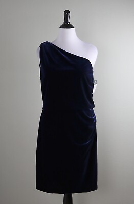 #ad #ad LAUREN RALPH LAUREN NWT $169 Navy Velvet One Shoulder Evening Dress Size 16 $59.99