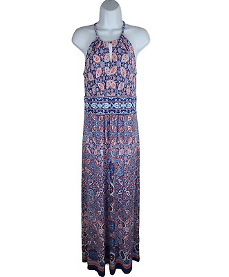 #ad Maxi Dress 6 Blue Floral Long Stretch Halter Peasant Boho Chic Casual Comfort $20.99