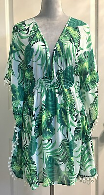 #ad Deep V Neck Beach Tunic Cover Up Pool Cruise Sz L Tropical Floral Leaf $18.00