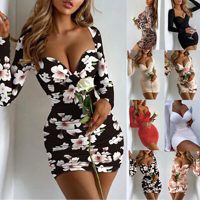 Women Sexy V Neck Mini Dress Ladies Bodycon Floral Fit Long Sleeve Party Dresses $9.49
