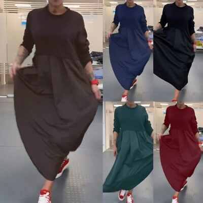 #ad Women Maxi Dresses Long Sleeve Dress Ladies Solid Holiday Crew Neck Swing $31.00