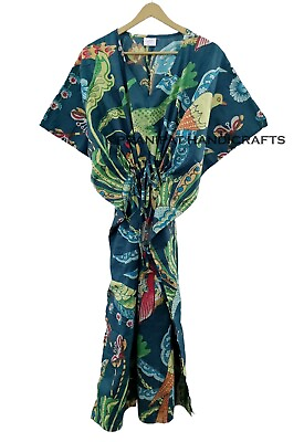 #ad #ad Indian Blue Long Peacock Print Cotton Plus Size Maxi Women Cover up Caftan Dress $22.55