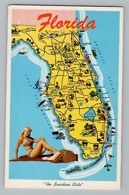 #ad #ad Florida FL Girl Bikini State Map Attractions Curt Teich Chrome Postcard 1959 $6.00