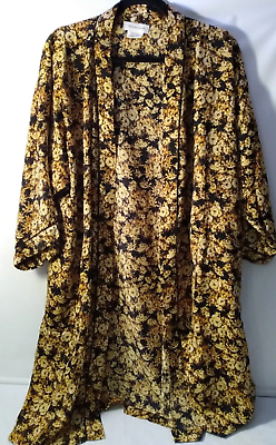 #ad Kimono Duster Beach Cover Black Yellow Bold Floral Pockets One Size NWT $12.99