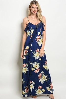 #ad Blue Floral Maxi Dress Size Medium Spaghetti Strap Ruffled $29.95