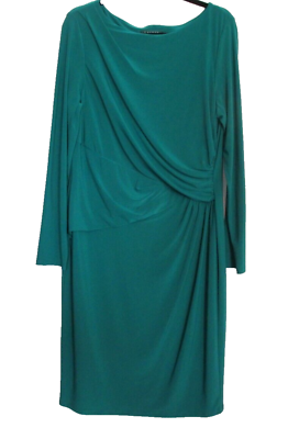 #ad Women#x27;s Ralph Lauren Jersey Cocktail Dress 16 Green Ruched Long Sleeves Lined $59.99