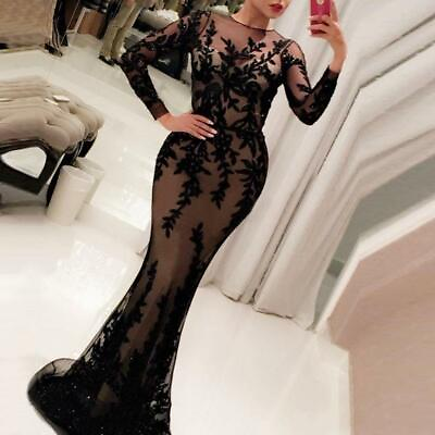 Black Lace Evening Dress Mermaid Long Sleeve Jewel Neck Mermaid Prom Party Gown $139.99